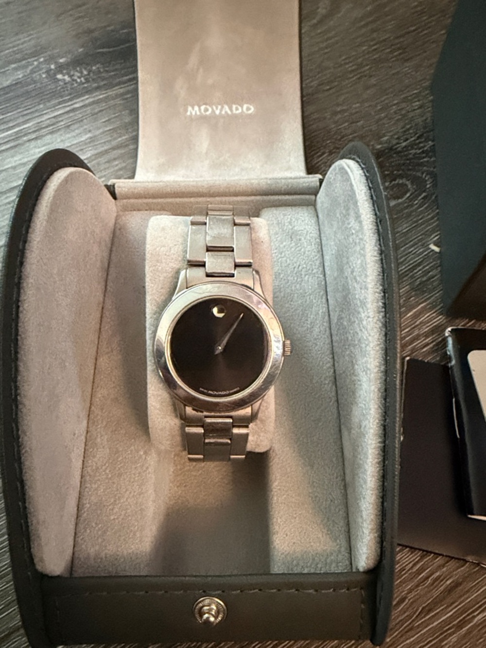 Movado Silver Bracelet Watch with Black Museum Dial